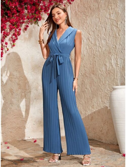 Shein Shawl Collar Pleated Belted Shirt Jumpsuit