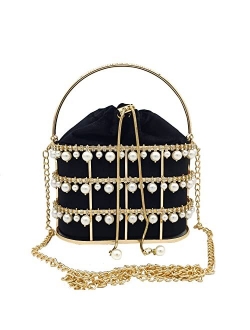 Synthetic Pearl Top-Handle Women Metal Bucket Bag Crystal Evening Purses and Clutches Formal Wedding Handbags