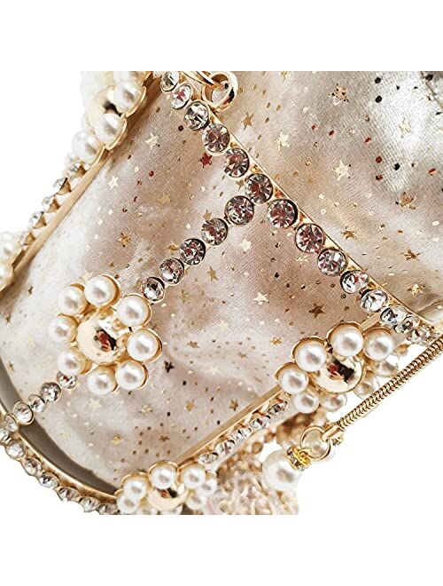 Boutique De FGG Synthetic Pearl Top-Handle Women Metal Bucket Bag Crystal Evening Purses and Clutches Formal Wedding Handbags