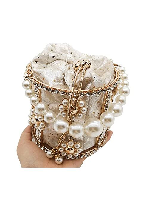 Boutique De FGG Synthetic Pearl Top-Handle Women Metal Bucket Bag Crystal Evening Purses and Clutches Formal Wedding Handbags