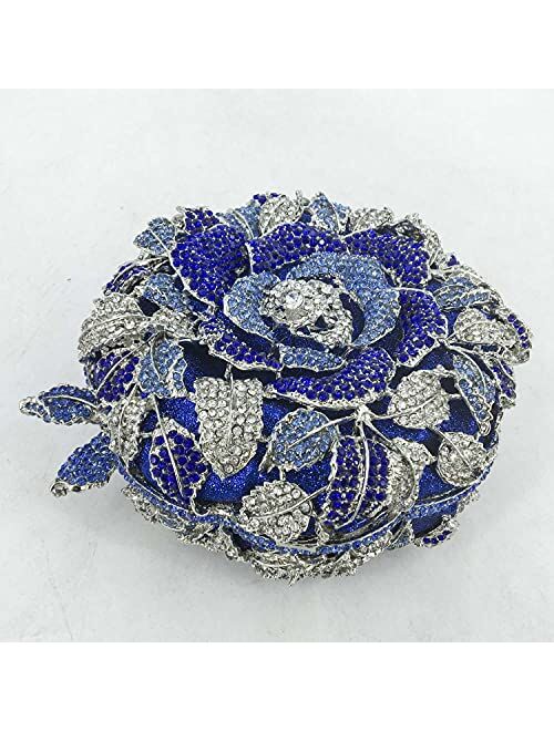 Boutique De FGG Round Shape Rose Flower Crystal Clutch Purses for Women Formal Evening Bags Wedding Party Handbags