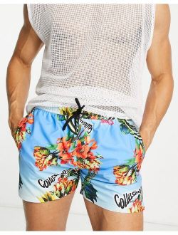 tropical print shorter length swim shorts in multi