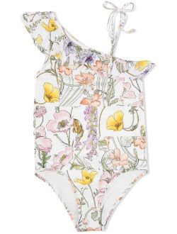 Kids floral-print one-shoulder swimsuit