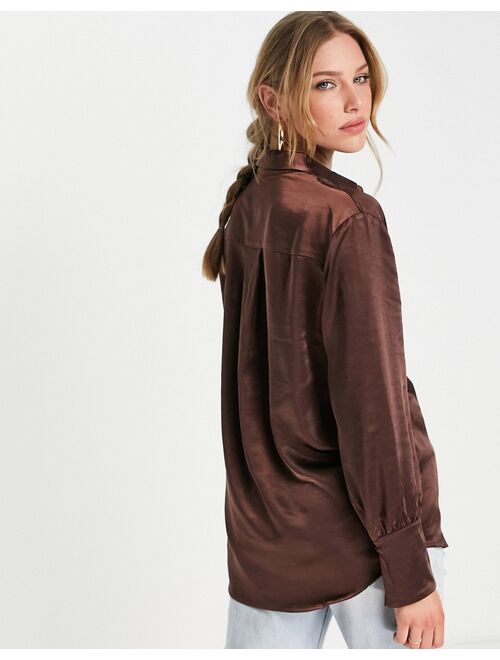 Pretty Lavish satin shirt in chocolate brown - part of a set