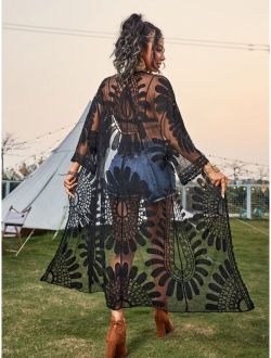 Paisley Embroidered Mesh Tie Front Kimono