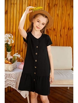 Girls Short Sleeve Button Down Dress Solid Color Casual Ruffled Sundress Kids T-Shirt Dresses