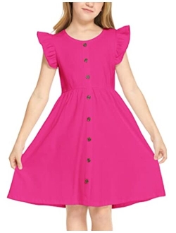 Girls Dress Flutter Sleeve A-Line Button Down Sundress Casual Midi Dresses for 4-12 Years Kids