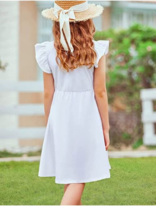 Arshiner Girls Dress Flutter Sleeve A-Line Button Down Sundress Casual Midi Dresses for 4-12 Years Kids