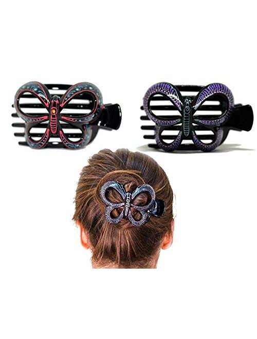 Odelya Butterfly Barrettes Hand Painted, Bun Cover Clips, 2 Pcs of a Uniquely Hair Bun Holder. Hand Painted