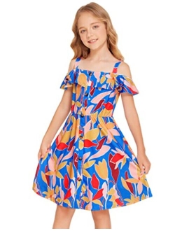 Greatchy Girls Summer Dress Cotton Button Cold Shoulder Ruffles Spaghetti Strap Casual Sundress Beach Sleeveless Midi Dress