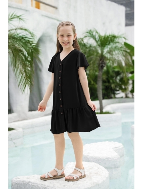 Ermonn Girls Ruffle Button-Down Short Sleeve Casual A Line Swing Party Dress for 5-14 Years Kids