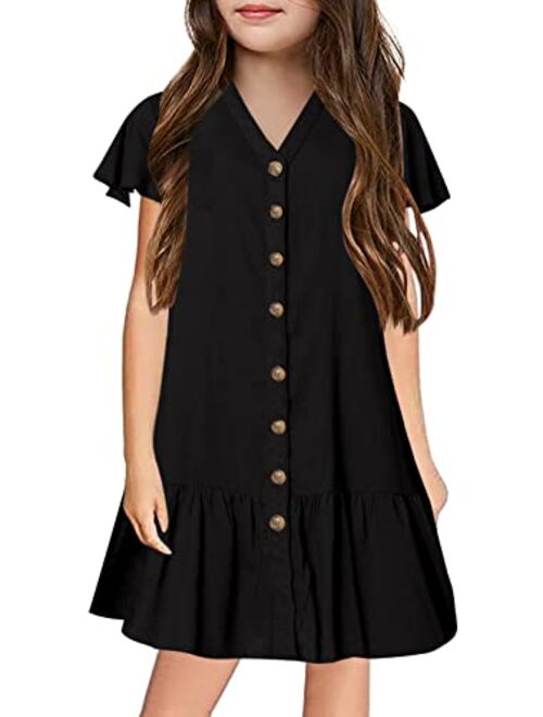 Ermonn Girls Ruffle Button-Down Short Sleeve Casual A Line Swing Party Dress for 5-14 Years Kids