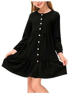 BesserBay Girls Button Down Long Sleeve Tiered Swing Midi Dress with Pockets 4-12 Years