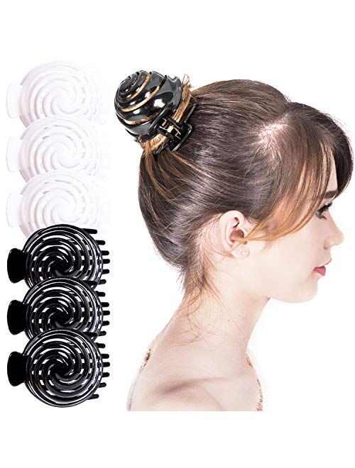 RC ROCHE ORNAMENT 6 Pcs Womens Spiral Dome Bun Maker Cover Round Clam Shell Stylish Spiral No Slip Grip Side Slide Beauty Accessory Hair Claw Clamp Clip, Large Black and 