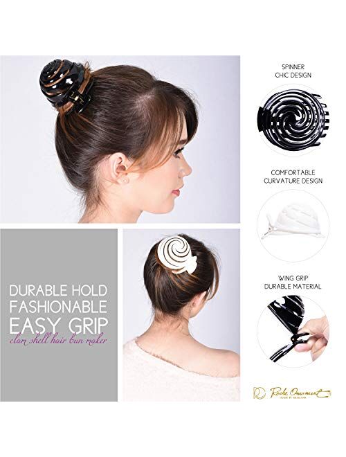 RC ROCHE ORNAMENT 6 Pcs Womens Spiral Dome Bun Maker Cover Round Clam Shell Stylish Spiral No Slip Grip Side Slide Beauty Accessory Hair Claw Clamp Clip, Large Black and 