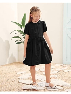 Ermonn Girl's Puff Sleeve A-Line Swing Button Down Solid Party Holiday Dress with Pockets for 5-14 Years Kids