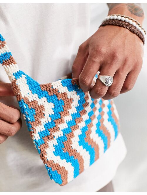 ASOS DESIGN knitted cross body bag in blue and brown swirl design