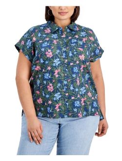 STYLE & CO Plus Size Printed Cotton Camp Shirt, Created for Macy's