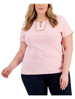 KAREN SCOTT Plus Size Cotton Embellished Top, Created for Macy's