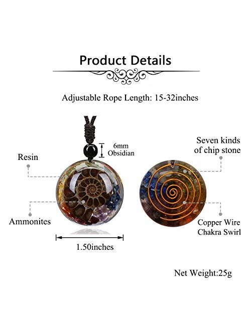 JOVIVI 7 Chakra Gemstone Reki Healing Crystal Necklace Round Circle Shape Ammonite Fossil Resin Chip Stones Pendant Necklace for Women Men Tree of Life Jewelry Christmas 
