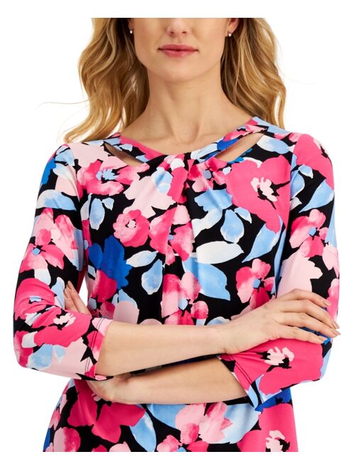 Kasper Women's Floral-Print Twist-Neck 3/4-Sleeve Top