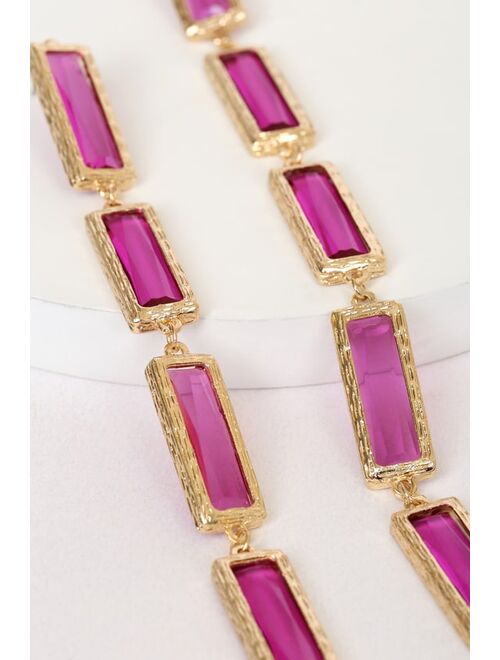 Lulus All You Could Want Magenta Rhinestone Drop Earrings