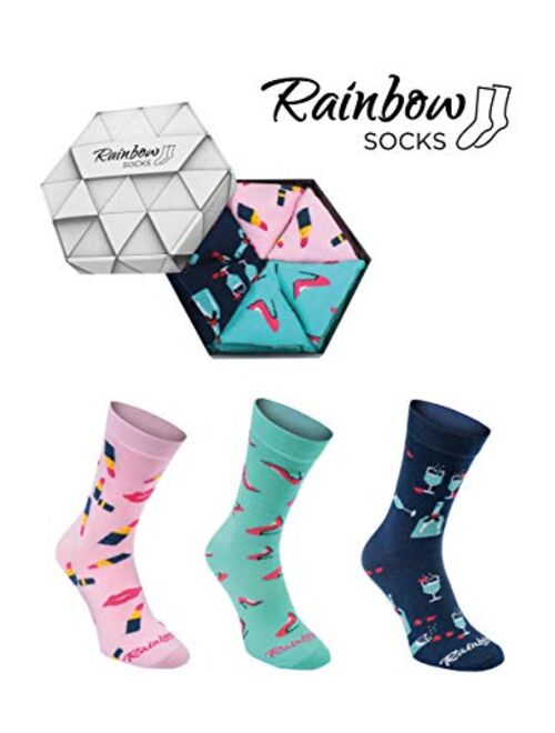 Rainbow Socks - Woman Novelty Ladies Socks Box Gift - 3 Pairs - Pink Navy Blue Turquoise - Size US 5.5-9 EU 36-40