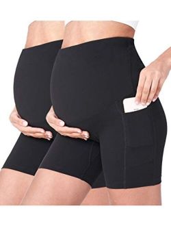 POSHDIVAH Women's Maternity Yoga Shorts Over The Belly Bump Summer Workout Running Active Short Pants with Pockets 5"/8"