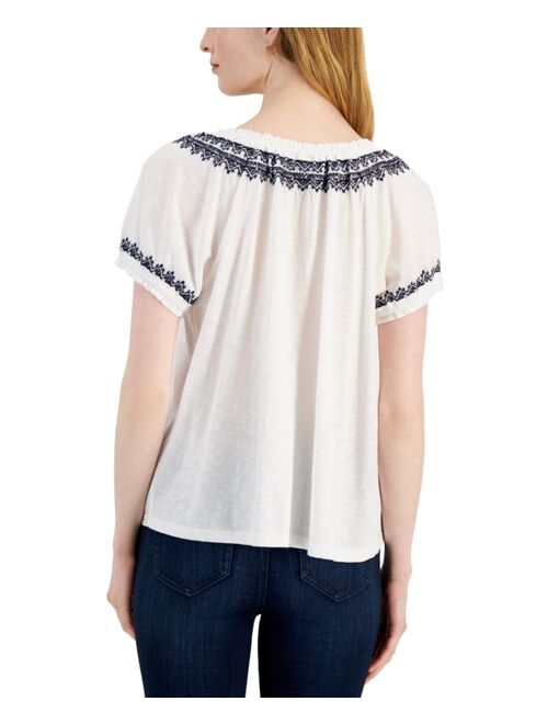 STYLE & CO Women's Embroidered Puff-Sleeve Blouse, Created for Macy's