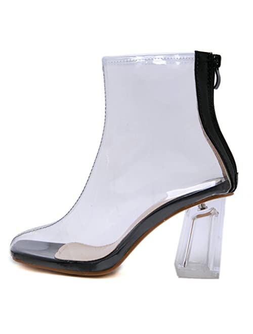 KISSASA Womens Clear Ankle Boots Square Toe Zipper Chunky Heeled Transparent Booties