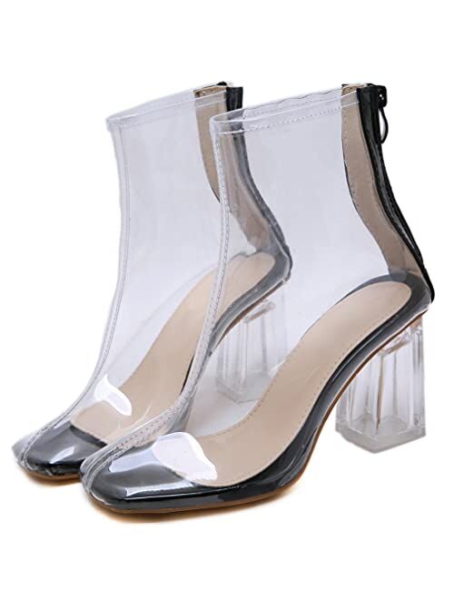 KISSASA Womens Clear Ankle Boots Square Toe Zipper Chunky Heeled Transparent Booties