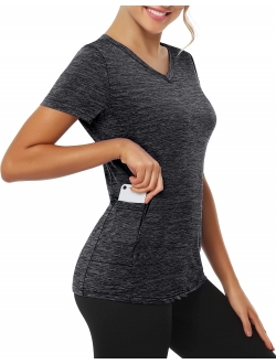 CHICHO Women's V Neck Workout Shirt with Pocket Short Sleeve Moisture Wicking Top for Running Hiking Yoga T-Shirt