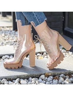 OLCHEE Women's Fashion Clear Lace Up Ankle Boots - Transparent TPU Platform Block High Heels