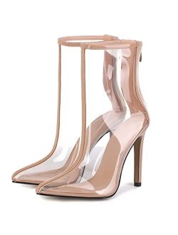 SHEMEE Women's Stiletto High Heels PVC Clear Transparent Ankle Boots Pointed Toe Thin Heeled Back Zip Booties Shoes