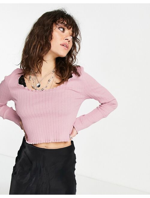Topshop Petite Topshop frill edge ribbed pointelle top in pink