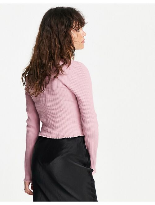 Topshop Petite Topshop frill edge ribbed pointelle top in pink