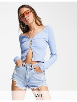 Tall button front notch long sleeve top in pale blue