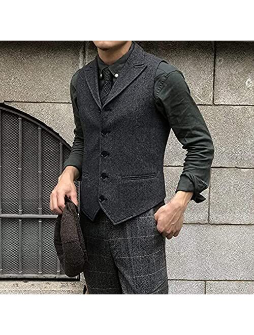 Generic Mens Wool Suit Vest Slim Fit Lapel Tweed Groomsmen Waistcoat for Business Casual (Color : Black, Size : 3X-Large)