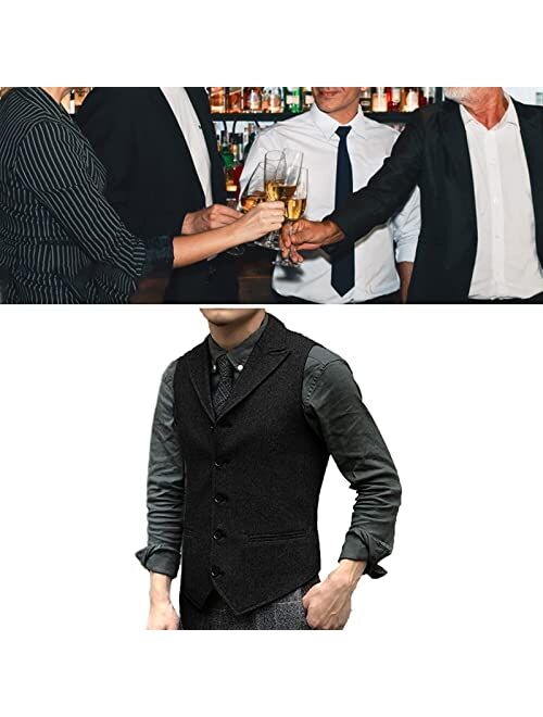 Generic Mens Wool Suit Vest Slim Fit Lapel Tweed Groomsmen Waistcoat for Business Casual (Color : Black, Size : 3X-Large)