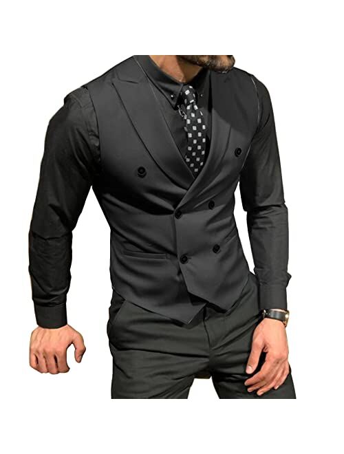 Generic Groomsmen Double Breasted Peak Lapel Dress Vest Men's Formal Casual Suit Tank Top for Tuxedo Blazer for Graduation XS-3XL (Color : Navy, Size : X-Large)