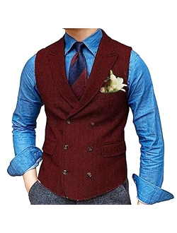Generic Mens Double Breasted Herringbone Waistcoat with 2 Real Pockets and 1 Chest Pocket Formal Groomman Lapel Suit Vest for Tuxedo (Color : Coffee, Size : 4X-Large)