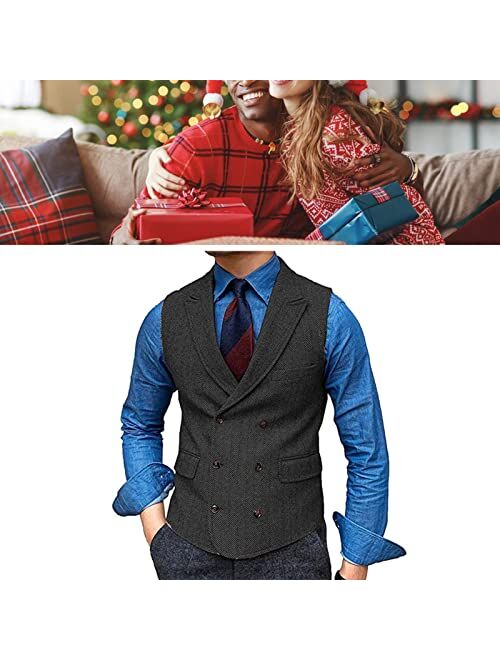 Generic Mens Double Breasted Herringbone Waistcoat with 2 Real Pockets and 1 Chest Pocket Formal Groomman Lapel Suit Vest for Tuxedo (Color : Coffee, Size : 4X-Large)