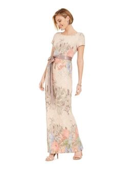 Women's Floral-Print Short Sleeve Column Gown