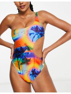 palm print cut out one shoulder swimsuit in multi - MULTI