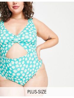 Peek & Beau Curve Exclusive tie front cut out swimsuit in green texture