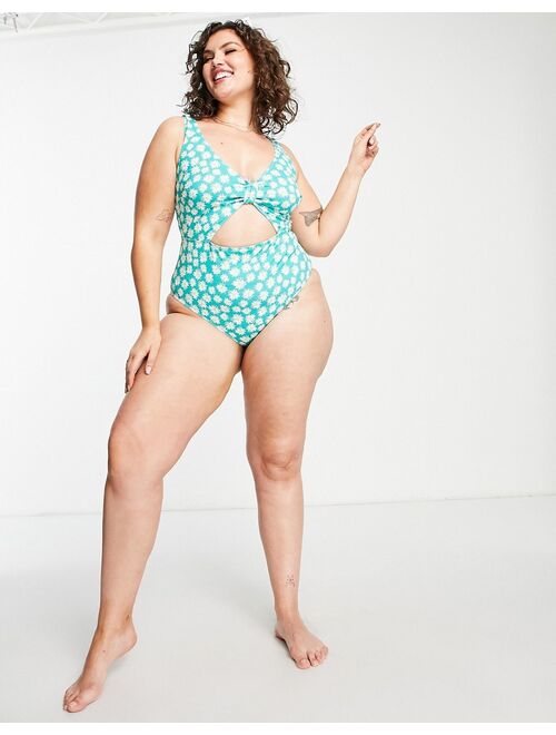 Peek & Beau Curve Exclusive tie front cut out swimsuit in green texture