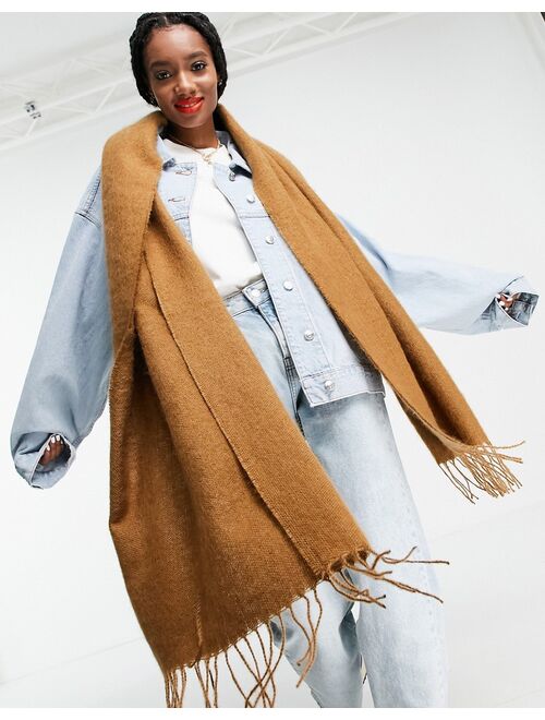 ASOS DESIGN supersoft long woven scarf with tassels in brown