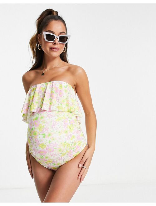 ASOS Maternity ASOS DESIGN Maternity bandeau ruffle swimsuit in ditsy floral print