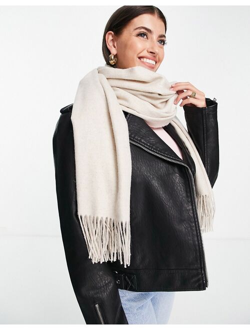 ASOS DESIGN oversized wool-blend scarf with tassels in oatmeal