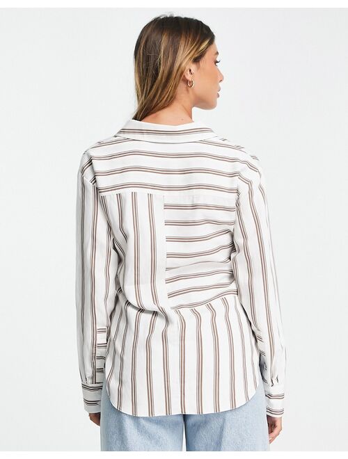 Topshop premium oversized knot front stripe shirt in chocolate